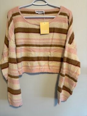 Charlie Holiday Pink, Cream & Brown Striped Fuzzy Cropped Sweater